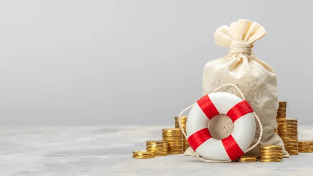 Lifebuoy and coins on a gray background, symbolizing financial security and quick loans.