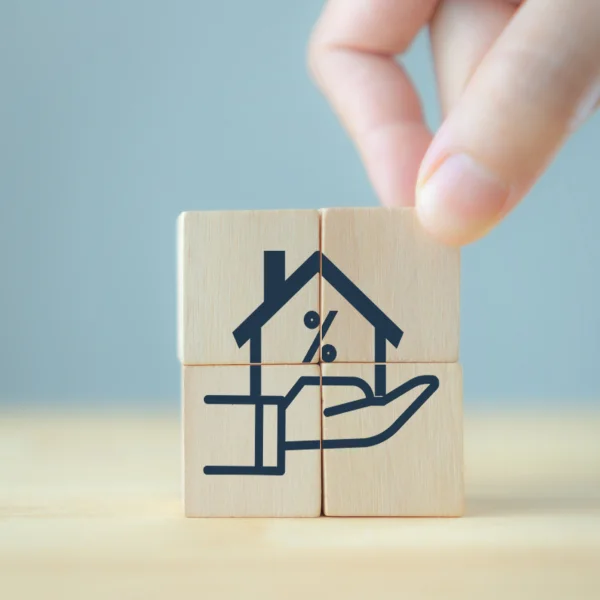 Une main tenant un bloc de maison avec une icône de maison, symbolisant des emprunts instantanés.