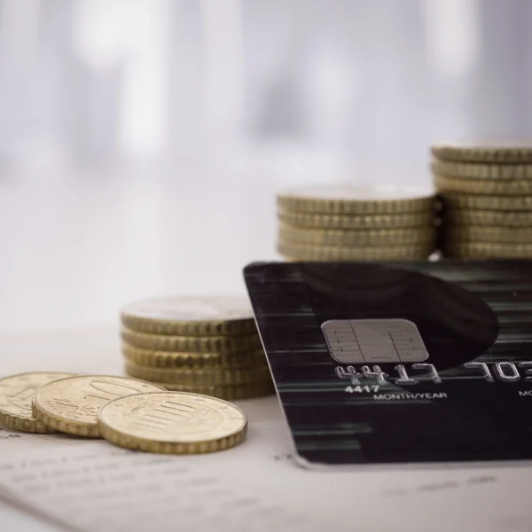 Credit card and coins arranged on a white background, representing personal loan options.