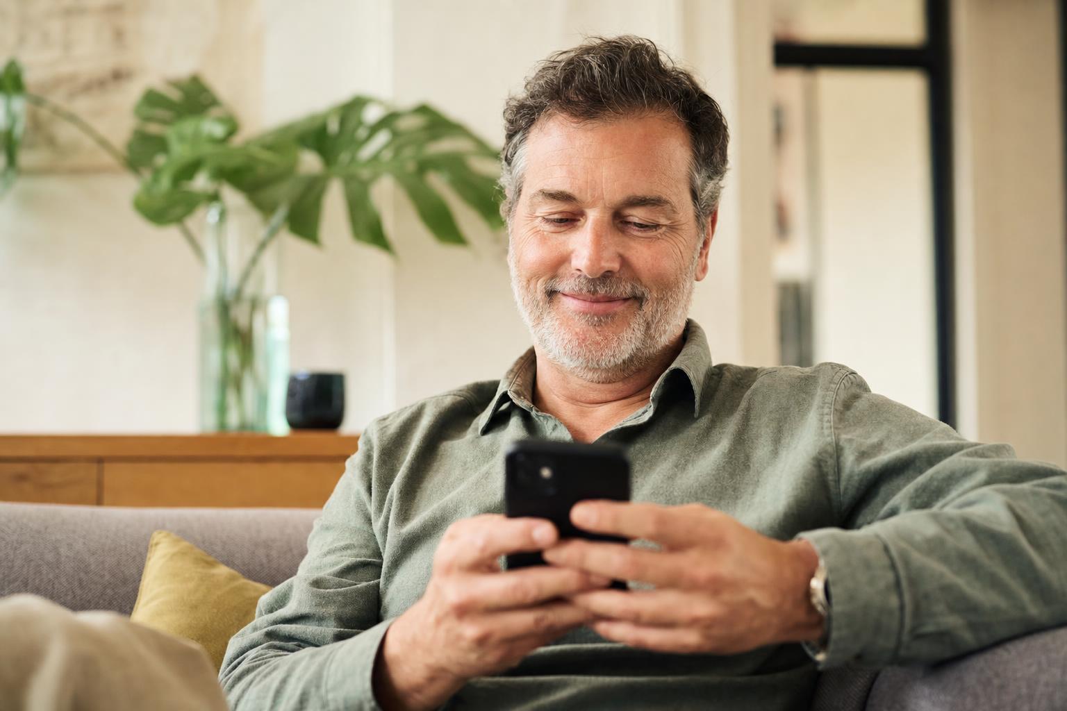 Un homme d'âge moyen, rassuré, assis sur un canapé chez lui, sourit doucement en regardant son téléphone.