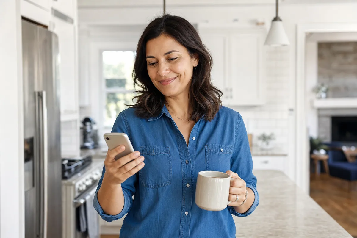 Une femme dans sa cuisine sourit en regardant son téléphone après un versement de prêt passé comme prévu